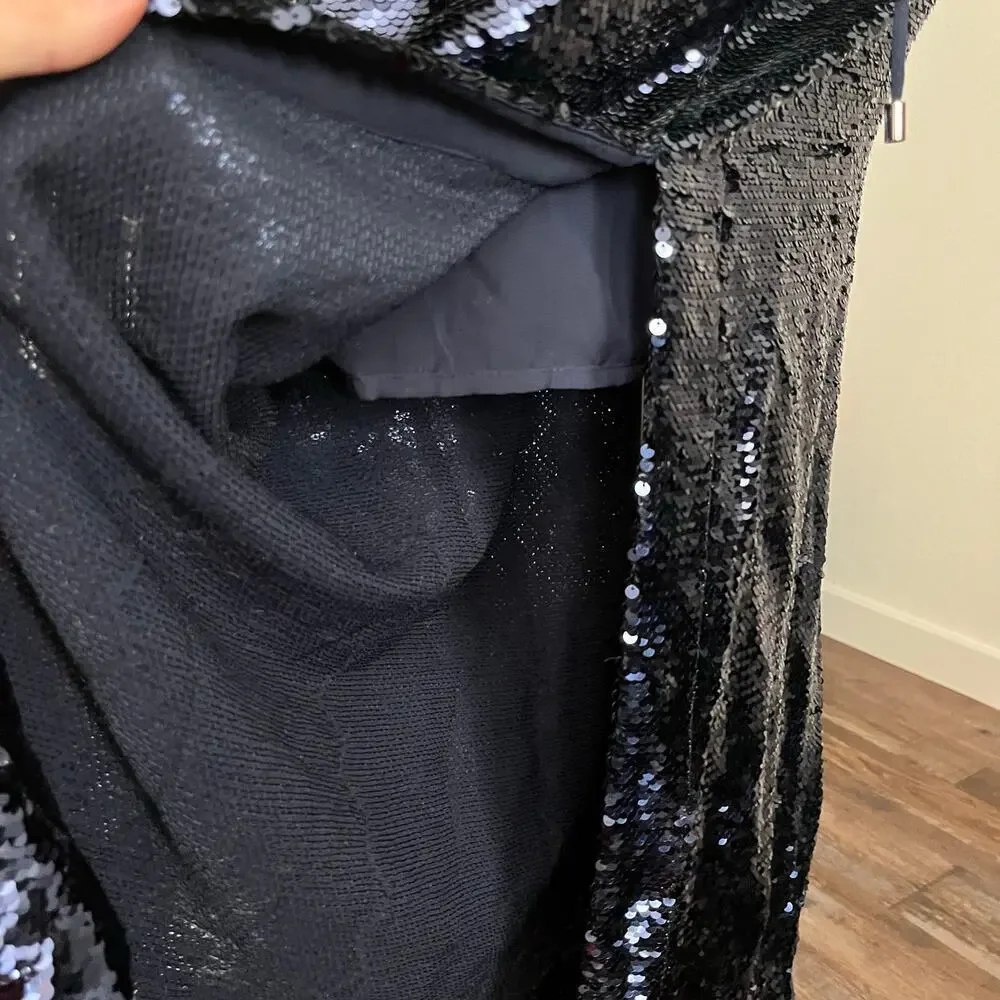 Sabina Musayev Navy Sapphire Open Lace Up Back Midi Lera Sequin Dress